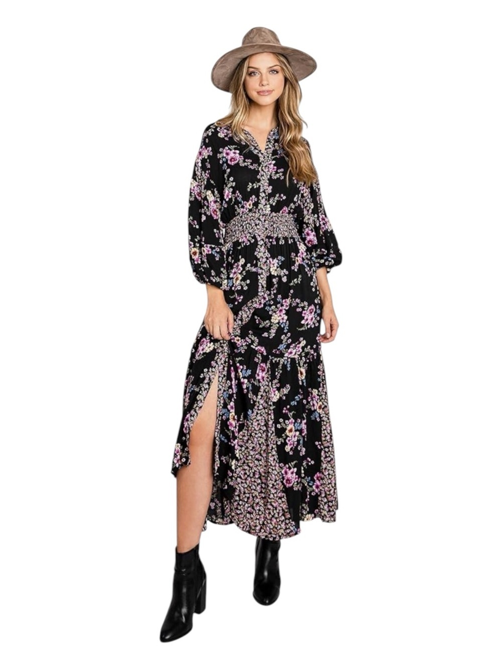 Free people, Maxi floral Bohemian Buttoned Puff Sleeve Black & Pink Dress M